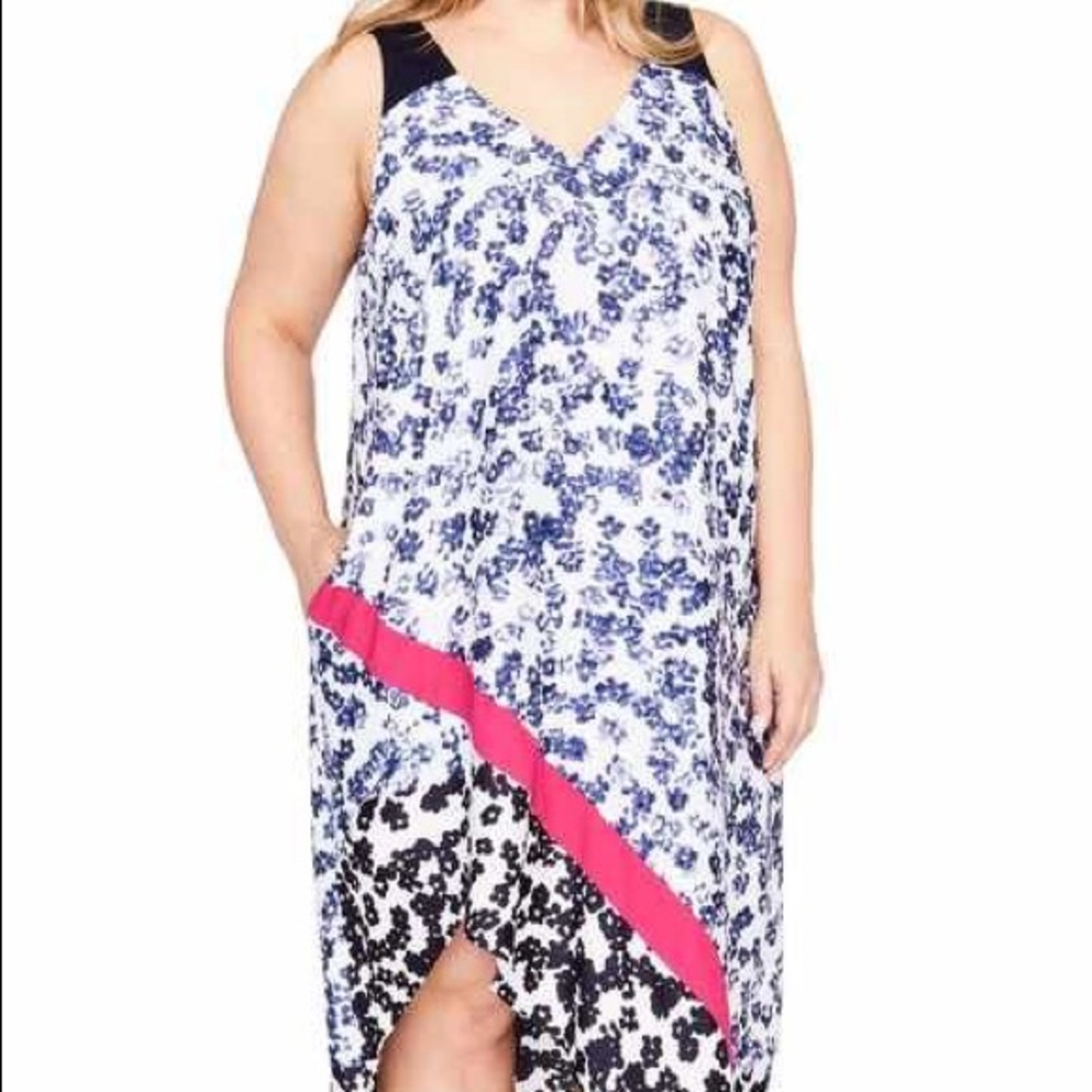 New Rachel Roy Designer Sleeveless Summer Dress - Blue & White with a Pink Sash.